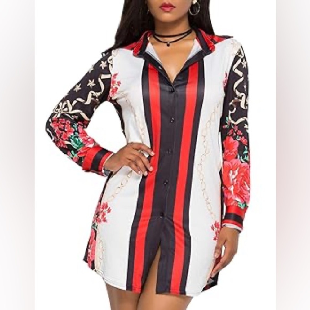 Womens Casual‎ Shirt Dress Long Sleeve Floral Print Button Down Loose Blouse L